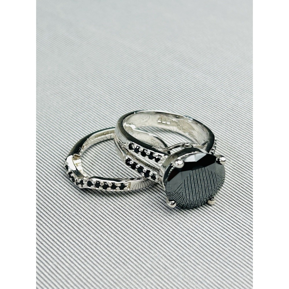 Sterling Silver Size 6.5 Ring Set With Faux‎ Black Stones .925 Costume Jewelry